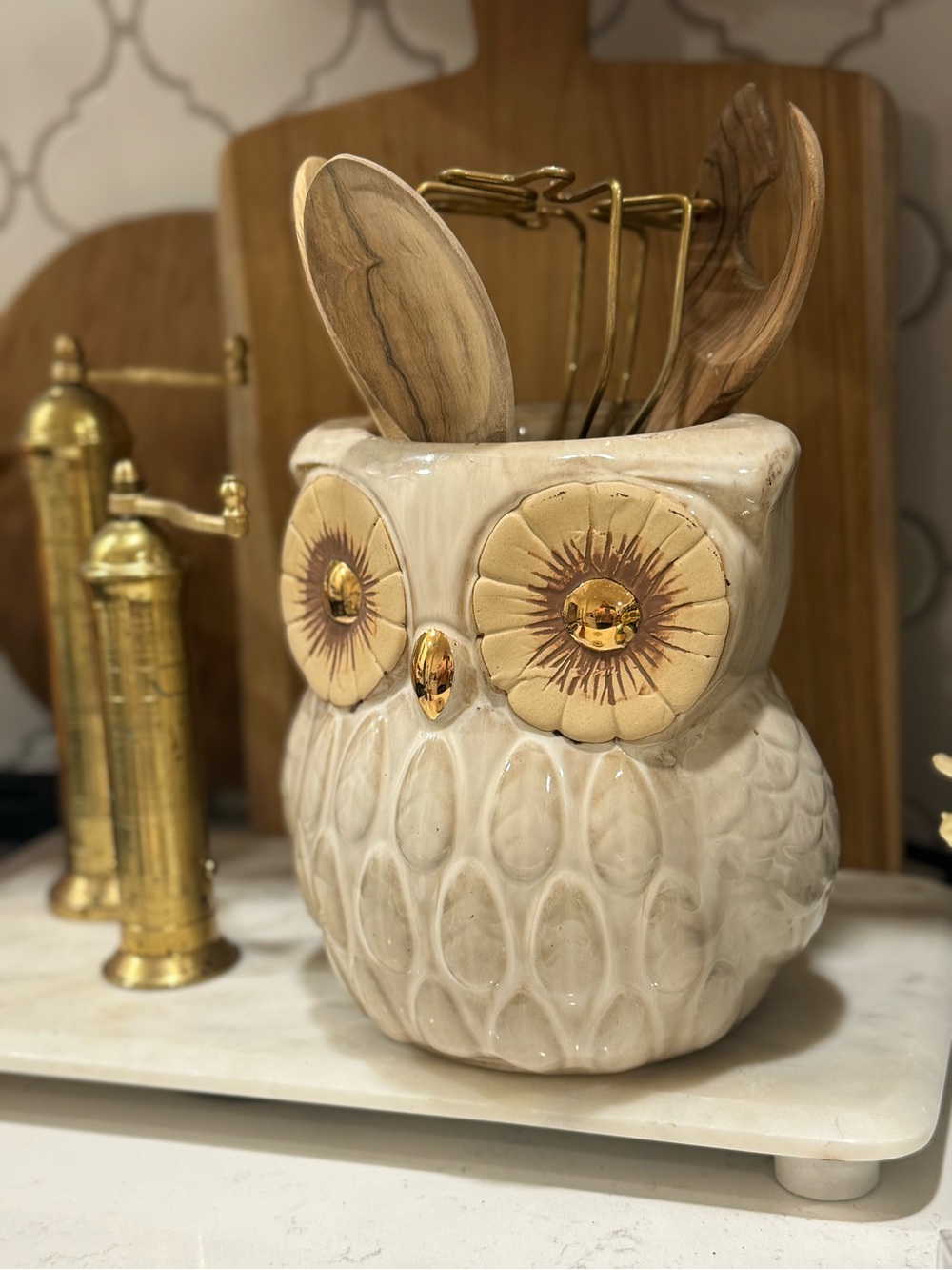 World Market Ceramic Owl
Cookie Jar, Light Brown/ Cream with Gold